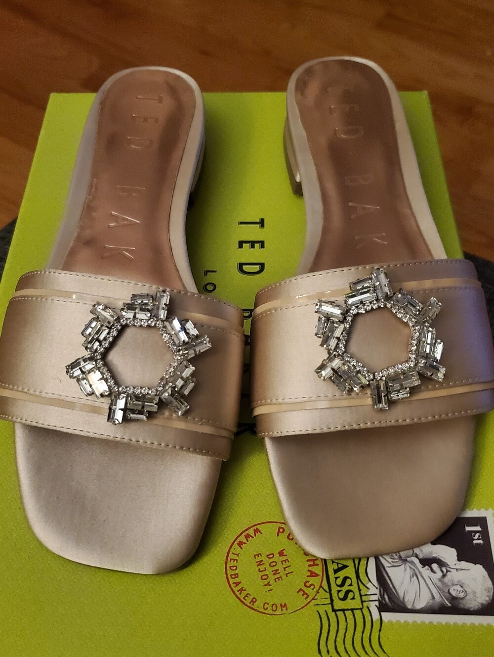 Ted Baker Champagne Satin Slide Mules with Crystal Medallion